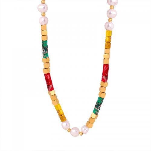 Titanstahl Halskette, mit Naturstein & Natürliche kultivierte Süßwasserperlen, mit Verlängerungskettchen von 8cm, 18K vergoldet, Modeschmuck & für Frau, goldfarben, Länge:ca. 40 cm, verkauft von PC