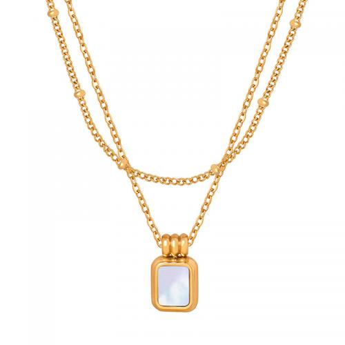 Titanstahl Halskette, mit Weiße Muschel, mit Verlängerungskettchen von 5cm, 18K vergoldet, Doppelschicht & Modeschmuck & für Frau, goldfarben, 37x44mm, Länge:ca. 37 cm, ca. 44 cm, verkauft von PC