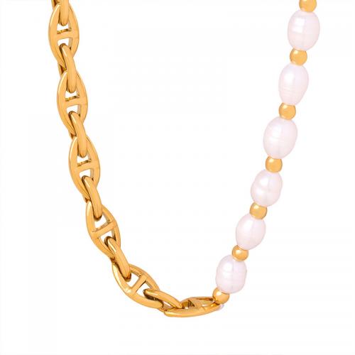 Titanium Steel Necklace with Freshwater Pearl fashion jewelry & for woman golden 7mm Length Approx 47 cm Sold By PC