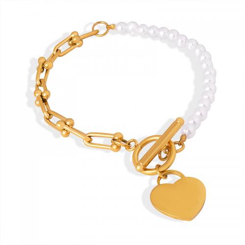 Bracelet d'acier titane, avec Shell Pearl, coeur, bijoux de mode & pour femme, plus de couleurs à choisir, 16mm, Longueur:Environ 20 cm, Vendu par PC