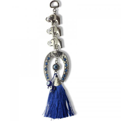 Hanging Ornaments, Tibetan Style, with Lampwork, Elephant, silver color plated, for home and office & evil eye pattern & with rhinestone, blue, nickel, lead & cadmium free, 250mm, Sold By PC