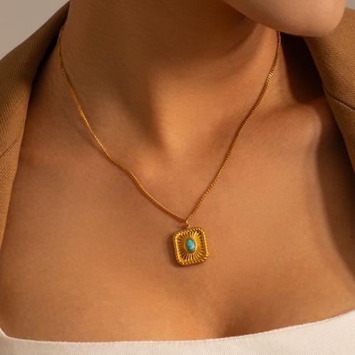 Stainless Steel Jewelry Necklace 304 Stainless Steel with turquoise with 5.5cm extender chain Square plated fashion jewelry golden Length 41.5 cm Sold By PC