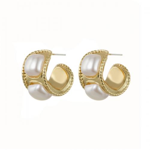 Tibetan Style Stud Earring, with Plastic Pearl, plated, fashion jewelry & for woman, gold, nickel, lead & cadmium free, 25x27mm, Sold By Pair