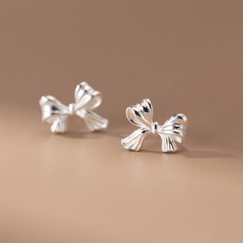 925 Sterling Silver Stud Earrings, Bowknot, plated, for woman, silver color, 13mm, Sold By Pair