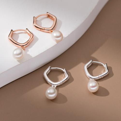 925 Sterling Silver Hoop Earrings, with Plastic Pearl, plated, for woman, more colors for choice, The inner diameter of the ear buckle was 1 cm, Sold By Pair