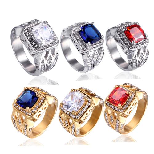 Partículas de acero anillo, Patrón Geométrico, chapado, diverso tamaño para la opción & para hombre & con diamantes de imitación, más colores para la opción, tamaño:7-13, Vendido por UD