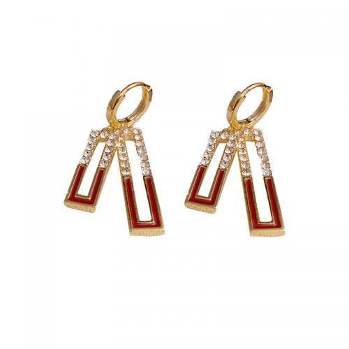 Zinc Alloy Huggie Hoop Drop Earring Rectangle gold color plated geometric & for woman & enamel & with rhinestone Sold By Pair