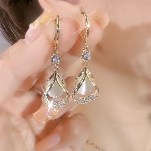 Zinc Alloy Huggie Hoop Drop Earring with Crystal Teardrop gold color plated for woman & with rhinestone & hollow Sold By Pair