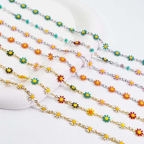 Decorative Beaded Chain, 304 Stainless Steel, with Gemstone, Flower, Vacuum Ion Plating, DIY & different styles for choice & enamel, more colors for choice, nickel, lead & cadmium free, 8mm, Sold By m