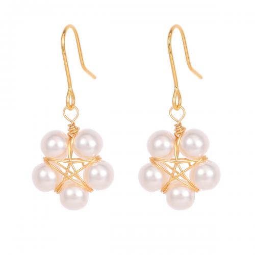 Brass Drop Earring with Plastic Pearl Flower gold color plated fashion jewelry & for woman white nickel lead & cadmium free Sold By Pair