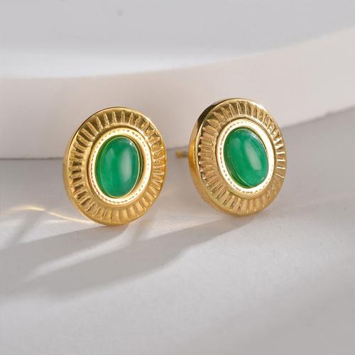 Titanium Steel  Earring, with Jade, 18K gold plated, fashion jewelry & for woman, nickel, lead & cadmium free, 11x12mm, Sold By Pair