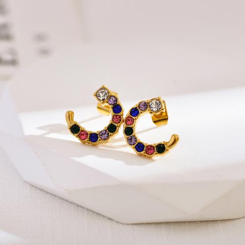 Stainless Steel Stud Earrings 304 Stainless Steel Letter C plated fashion jewelry & for woman & with rhinestone nickel lead & cadmium free Sold By Pair