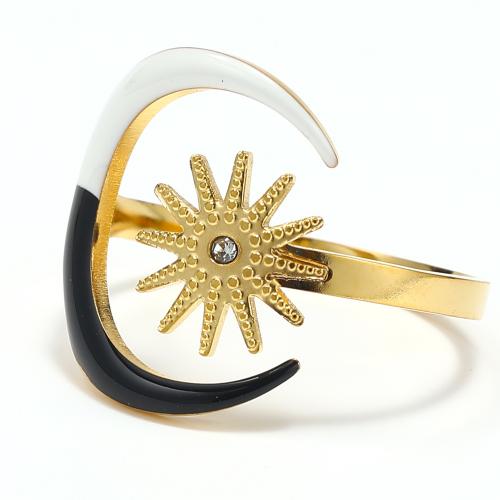 Anillo de dedo de Titantium Acero, Partículas de acero, para mujer & esmalte & con diamantes de imitación, dorado, Vendido por UD