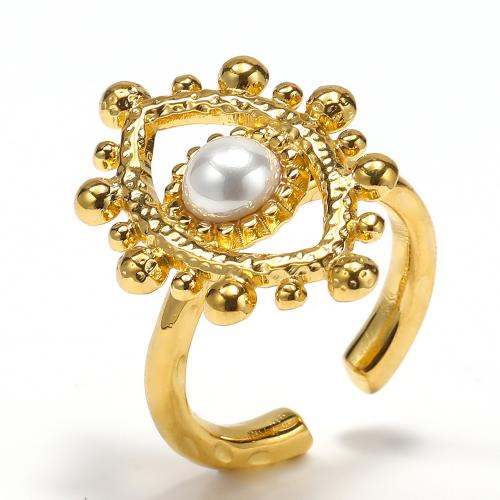 Titanium Steel Finger Ring, with Plastic Pearl, fashion jewelry & for woman, golden, Sold By PC