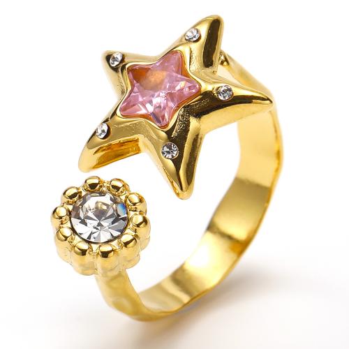 Anillo de dedo de Titantium Acero, Partículas de acero, Estrella, Joyería & micro arcilla de zirconia cúbica & para mujer, dorado, Vendido por UD