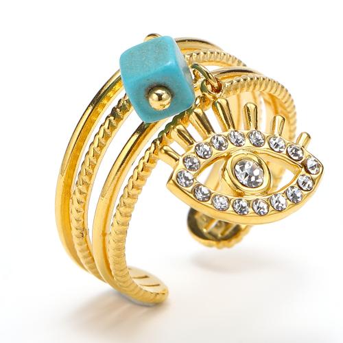 Anillo de dedo de Titantium Acero, Partículas de acero, con turquesa, Joyería & para mujer & con diamantes de imitación, dorado, Vendido por UD