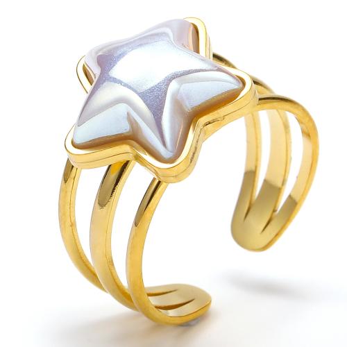 Titanium Steel Finger Ring, with Plastic Pearl, Star, fashion jewelry & for woman, golden, Sold By PC