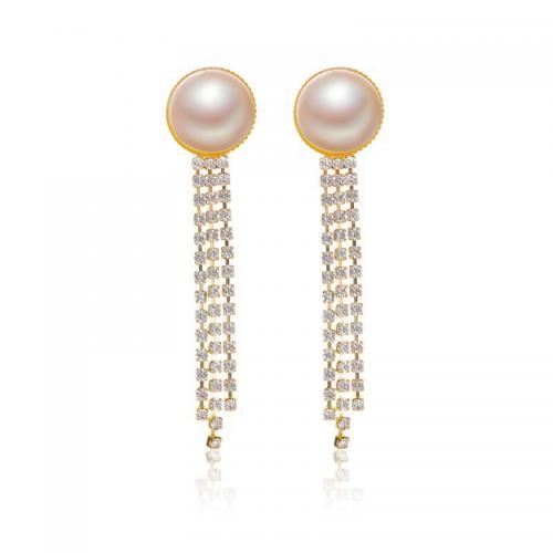 Fashion Fringe Earrings Zinc Alloy with Plastic Pearl plated fashion jewelry & for woman & with rhinestone golden nickel lead & cadmium free 60mm Sold By Pair