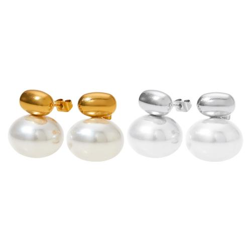 Stainless Steel Stud Earrings, 304 Stainless Steel, with Plastic Pearl, Vacuum Ion Plating, fashion jewelry & for woman, more colors for choice, 15.30x19mm, Sold By Pair