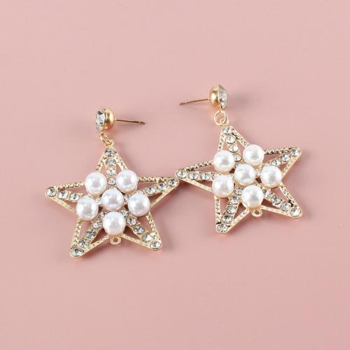 Zinklegierung Ohrringe, mit Kunststoff Perlen, Stern, plattiert, Modeschmuck & mit Strass, goldfarben, frei von Nickel, Blei & Kadmium, 45x55mm, verkauft von Paar