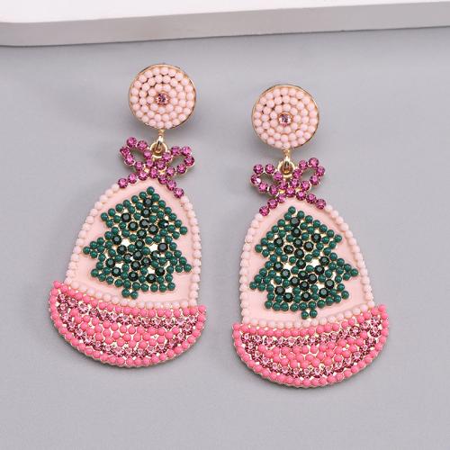 Tibetan Style Drop Earrings, with Seedbead, Christmas Tree, plated, fashion jewelry & enamel & with rhinestone, pink, nickel, lead & cadmium free, 30x62mm, Sold By Set