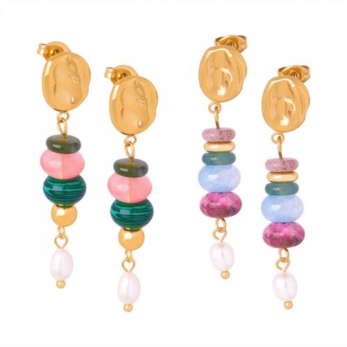 Titanium Steel  Earring, with Agate & Freshwater Pearl, gold color plated, fashion jewelry & for woman, more colors for choice, nickel, lead & cadmium free, 47x9mm, Hole:Approx 2mm, Sold By Pair