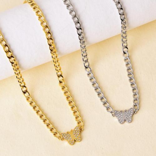 Titanium Steel Necklace, with 5.5cm extender chain, Butterfly, plated, fashion jewelry & for woman & with rhinestone, more colors for choice, nickel, lead & cadmium free, Hole:Approx 2mm, Length:Approx 38.5 cm, Sold By PC