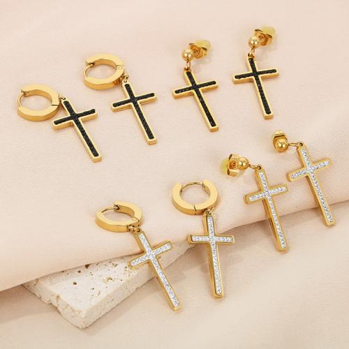 Huggie Hoop Drop Earring 304 Stainless Steel Cross gold color plated fashion jewelry & for woman & with rhinestone nickel lead & cadmium free Sold By Pair