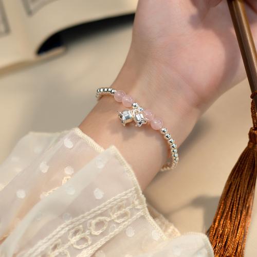 925 Sterling Silver Bangle Bracelet, with Elastic Thread & Rose Quartz, plated, for woman, silver color, Length:Approx 16-25 cm, Sold By PC