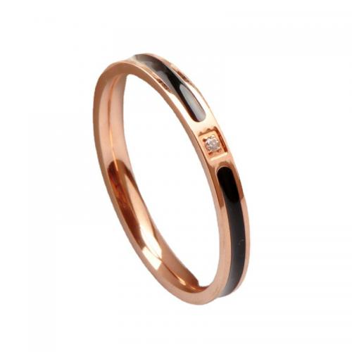 Titanium Steel Finger Ring plated & micro pave cubic zirconia & for woman & enamel rose gold color Sold By PC
