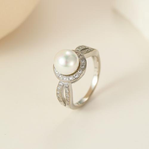 Cubic Zirconia Micro Pave Brass Ring, with Plastic Pearl, platinum plated, fashion jewelry & different size for choice & micro pave cubic zirconia & for woman, white, nickel, lead & cadmium free, Sold By PC
