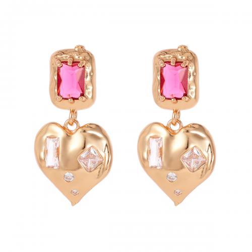 Brass Drop Earring with Cubic Zirconia Heart gold color plated fashion jewelry & for woman pink nickel lead & cadmium free Sold By Pair