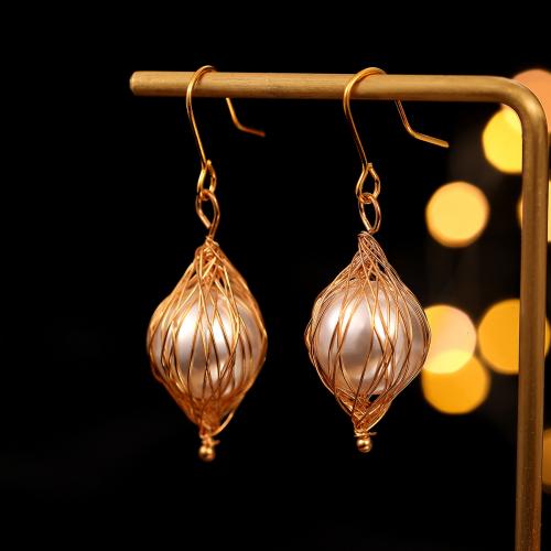 Brass Drop Earring, with Plastic Pearl, gold color plated, fashion jewelry & for woman, white, nickel, lead & cadmium free, 15x53mm, Sold By Pair