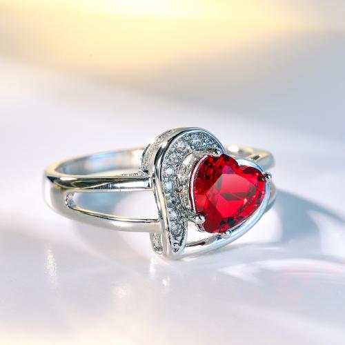 Brass Finger Ring with Cubic Zirconia Heart platinum plated fashion jewelry & for woman red nickel lead & cadmium free 12mm Sold By PC