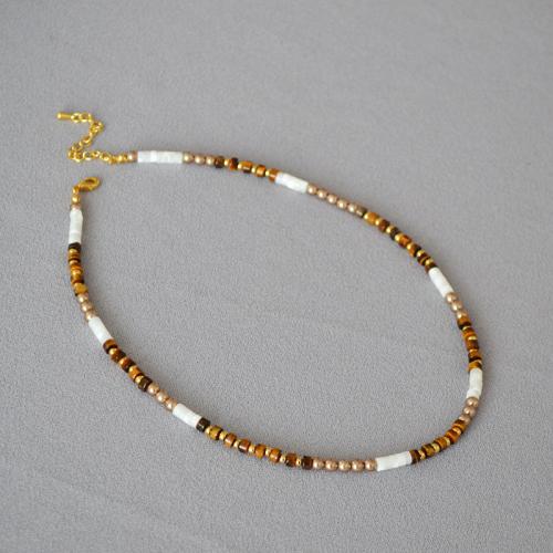 Plastic Pearl Necklace Brass with Tiger Eye & White Shell & Plastic Pearl with 1.97inch extender chain handmade fashion jewelry & for woman nickel lead & cadmium free Length Approx 15.74 Inch Sold By PC