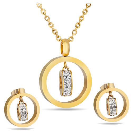 Rhinestone Stainless Steel Jewelry Set, Stud Earring & necklace, 304 Stainless Steel, Round, plated, fashion jewelry & different styles for choice & for woman & with rhinestone, more colors for choice, Length:50 cm, Sold By Set