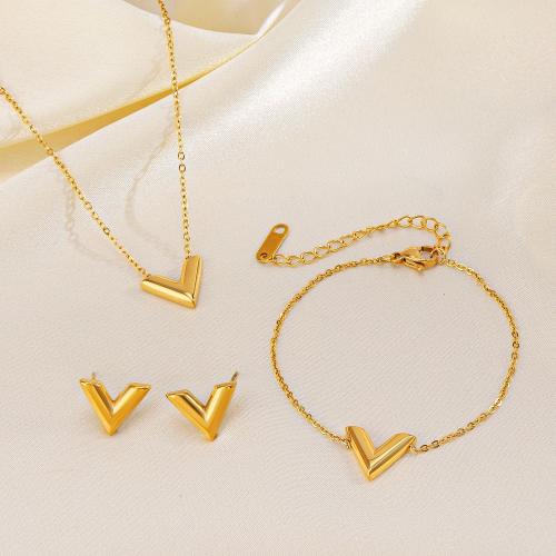 Fashion Stainless Steel Jewelry Sets, Stud Earring & bracelet & necklace, 304 Stainless Steel, Letter V, gold color plated, different styles for choice & for woman, more colors for choice, Sold By Set