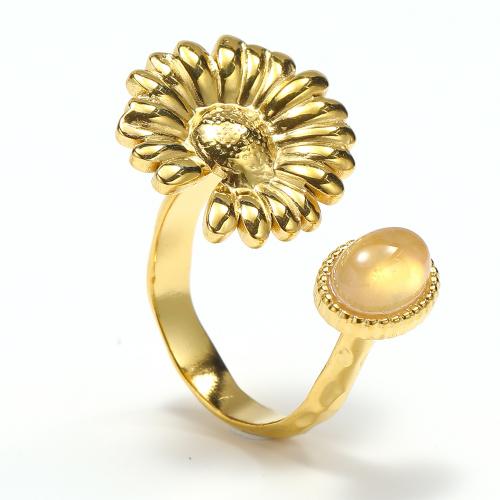 Titanium Steel Finger Ring with Gemstone Flower gold color plated fashion jewelry & for woman nickel lead & cadmium free Sold By PC