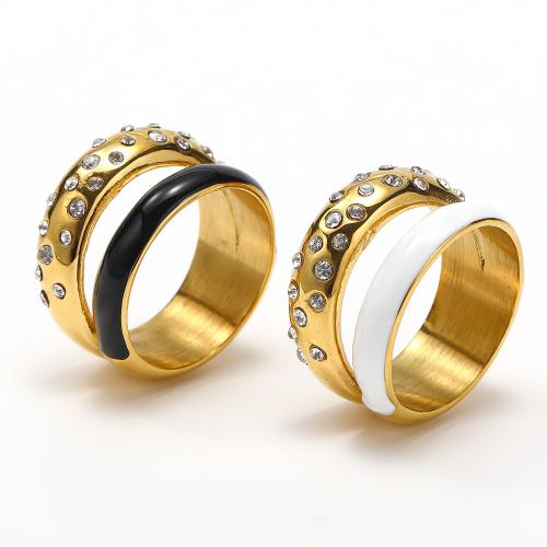 Titanium Steel Finger Ring with enamel gold color plated Double Layer & for woman & with rhinestone nickel lead & cadmium free Sold By PC
