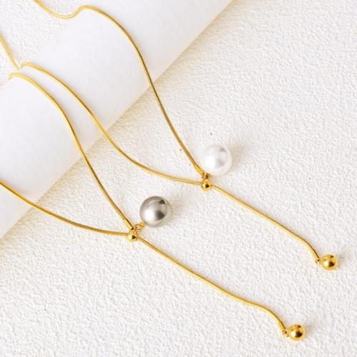 Sweater Chain Necklace Titanium Steel with Plastic Pearl gold color plated fashion jewelry & for woman nickel lead & cadmium free Length Approx 51-60 cm Sold By PC