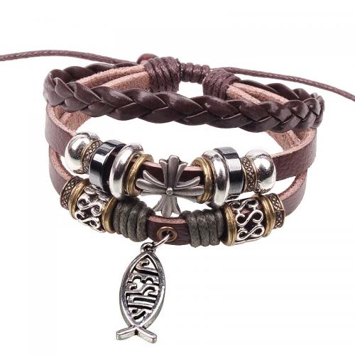 Cowhide Bracelet, Tibetan Style, with Waxed Cotton Cord & PU Leather Cord & Cowhide, word Jesus, plated, braided bracelet & charm bracelet & adjustable & 3-strand, more colors for choice, nickel, lead & cadmium free, 175mm, Sold Per Approx 7.2 Inch Strand