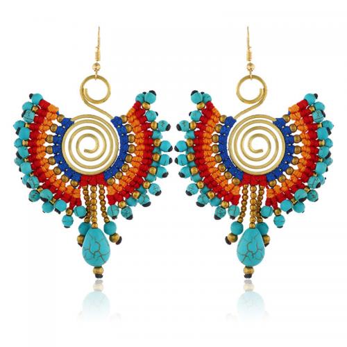 Zinc Alloy Drop Earring with Glass Beads & turquoise & Wax Cord & Crystal & Glass & Brass Geometrical Pattern plated folk style & for woman Sold By Pair