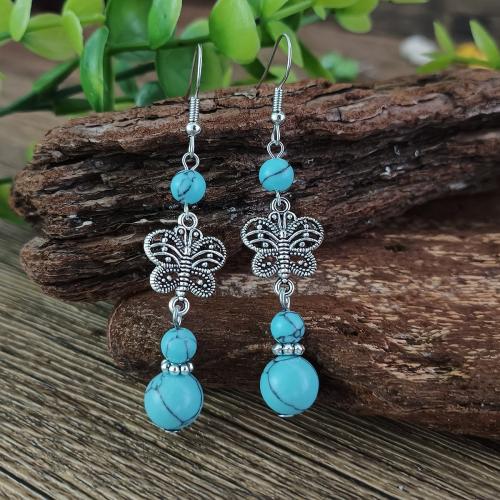 Zinc Alloy Drop Earrings with Natural Turquoise Butterfly antique silver color plated vintage & fashion jewelry & for woman nickel lead & cadmium free Sold By Pair