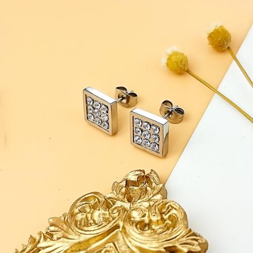 Titanium Steel  Earring Square Vacuum Ion Plating fashion jewelry & Unisex & with rhinestone nickel lead & cadmium free 10mm Sold By Pair