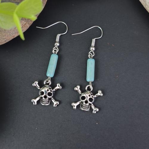 Brass Drop Earring with Turquoise Skull antique silver color plated vintage & fashion jewelry & for woman nickel lead & cadmium free Sold By Pair