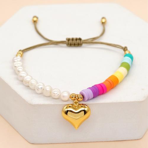 Freshwater Cultured Pearl Bracelet Polymer Clay with Knot Cord & Freshwater Pearl & Brass Heart gold color plated Adjustable & fashion jewelry & for woman mixed colors Length Approx 28 cm Sold By PC