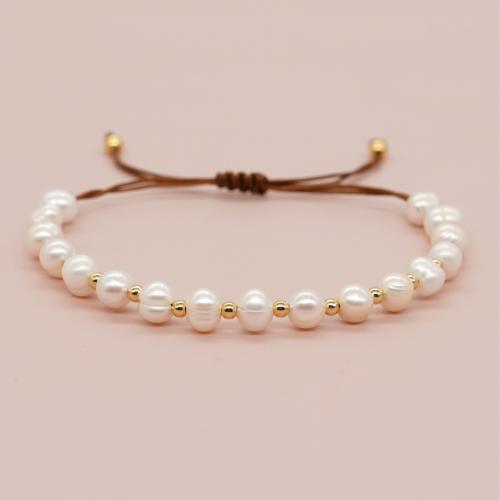 Freshwater Cultured Pearl Bracelet Freshwater Pearl with Knot Cord & Brass gold color plated Adjustable & fashion jewelry & for woman white Length Approx 28 cm Sold By PC