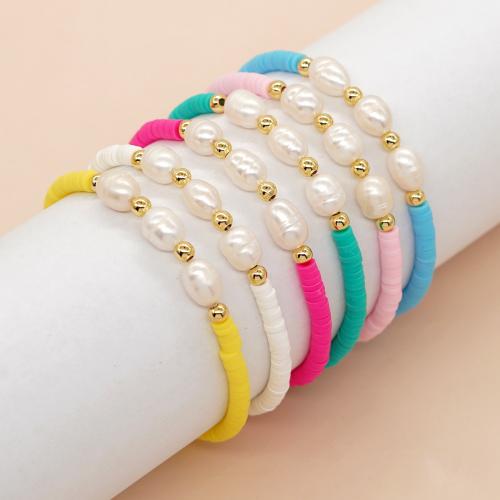 Freshwater Cultured Pearl Bracelet, Polymer Clay, with Freshwater Pearl & Brass, gold color plated, fashion jewelry & for woman, more colors for choice, Inner Diameter:Approx 60mm, Sold By PC