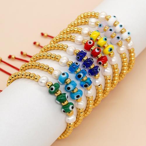 Evil Eye Jewelry Bracelet, Lampwork, with Knot Cord & Freshwater Pearl & Brass, gold color plated, Adjustable & fashion jewelry & for woman, more colors for choice, Length:Approx 28 cm, Sold By PC