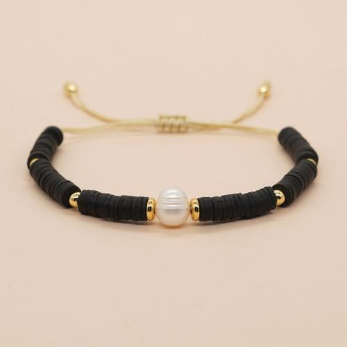 Freshwater Cultured Pearl Bracelet Polymer Clay with Knot Cord & Freshwater Pearl & Brass gold color plated Adjustable & fashion jewelry & for woman mixed colors Length Approx 28 cm Sold By PC